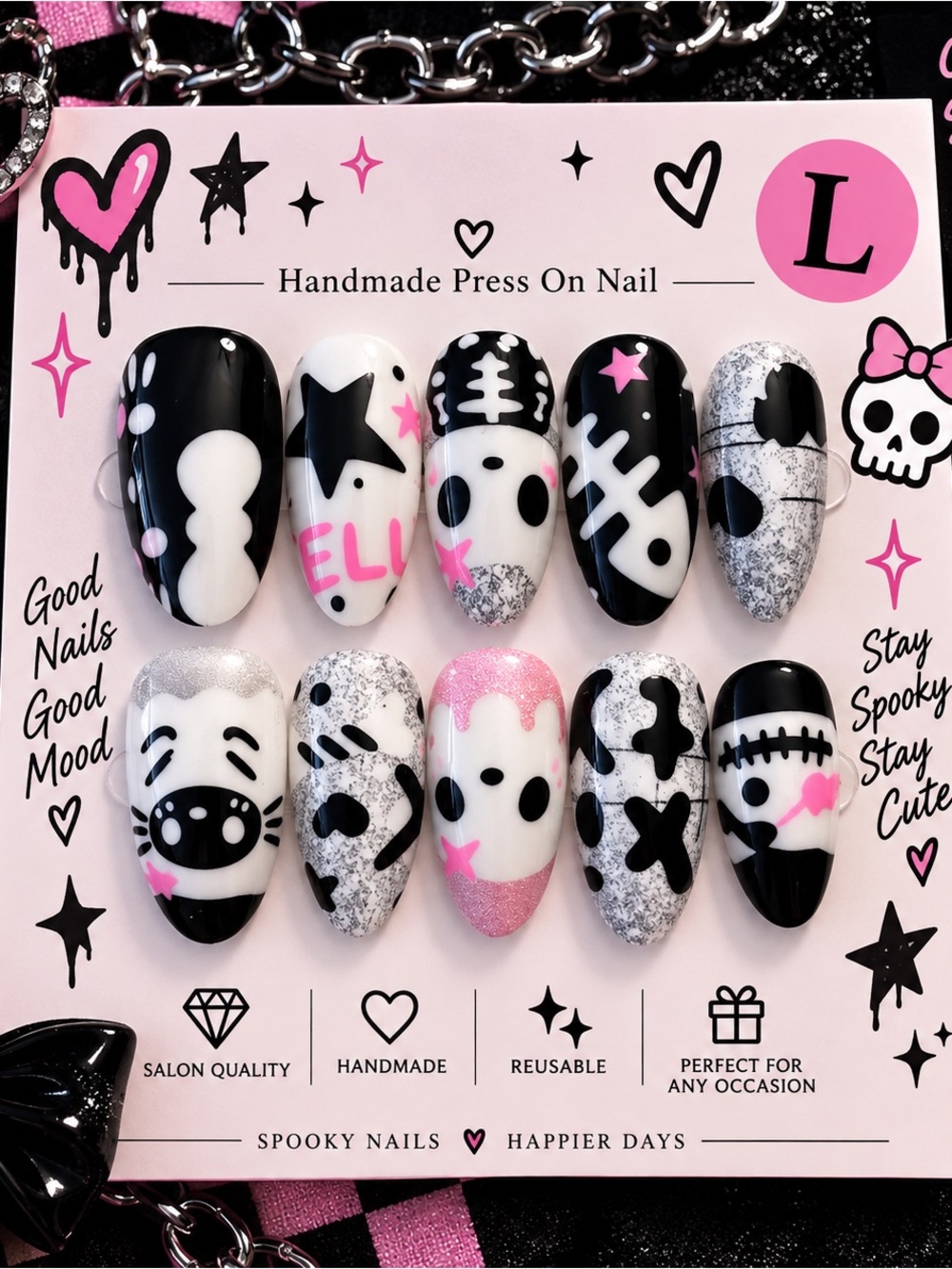 🖤🩷 Cute Spooky Pink & Black Press-On Nails – Size Large